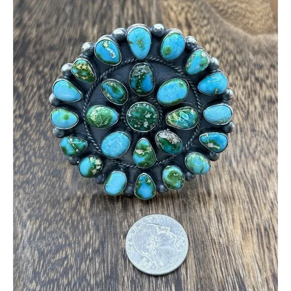 Navajo Handmade Sterling Silver Sonoran Gold Turquoise Mega Cuff Bracelet - Picture 3 of 9